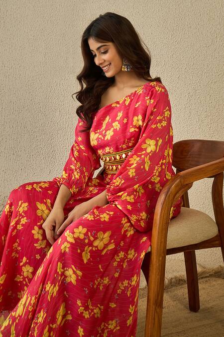 Buy_Label Nitika_Fuchsia Satin, Georgette Off-shoulder Floral Print Set 
