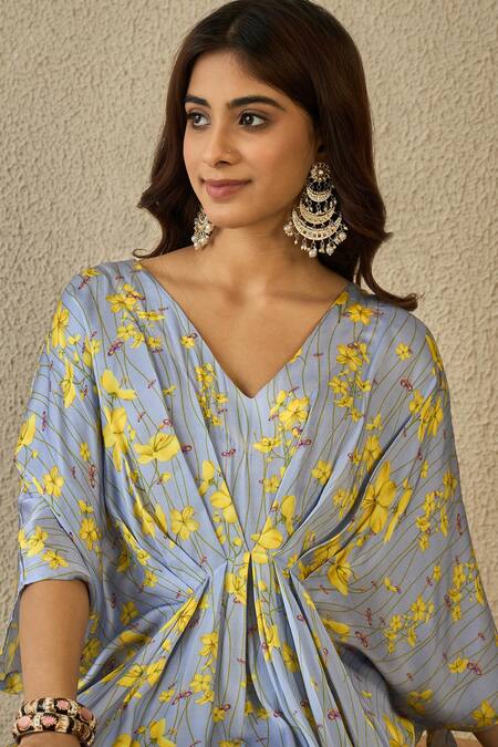 Label Nitika_Blue Modal, Satin Embroidery V-neck Floral Print Kaftan _Online_at_Aza_Fashions