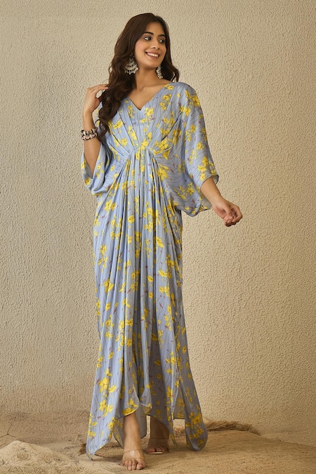 Label Nitika Blue Modal, Satin Embroidery V-neck Floral Print Kaftan