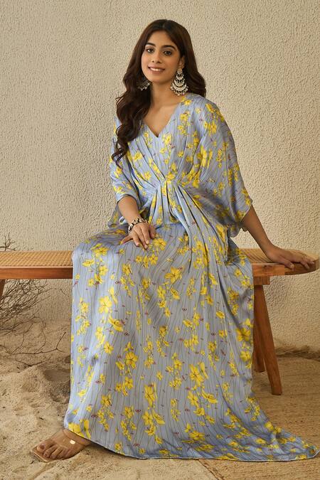 Buy_Label Nitika_Blue Modal, Satin Embroidery V-neck Floral Print Kaftan _Online_at_Aza_Fashions