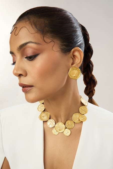 Mnsh_Gold Plated Mor Coin Stud Earring _at_Aza_Fashions