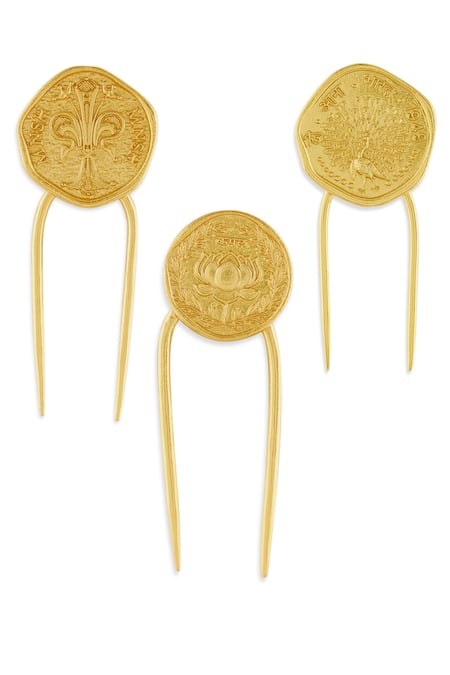 Shop Mnsh Gold 22kt Plated Coin Hair Pin Set at Aza Fashions Shop_Mnsh_Gold 22kt Plated Coin Hair Pin Set _at_Aza_Fashions