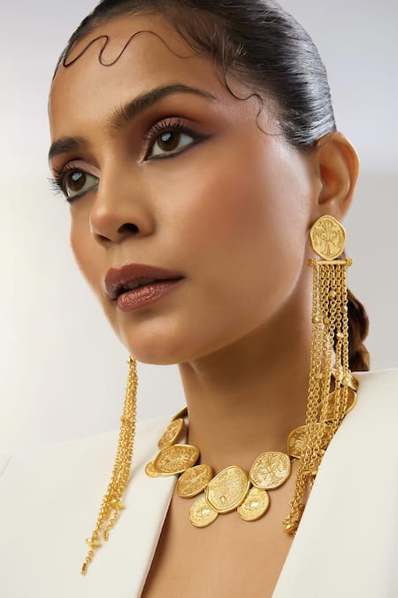 Shop Mnsh Gold Plated Chains Shakti Shoulder Duster Earrings Online at Aza Fashions Shop_Mnsh_Gold Plated Chains Shakti Shoulder Duster Earrings _Online_at_Aza_Fashions