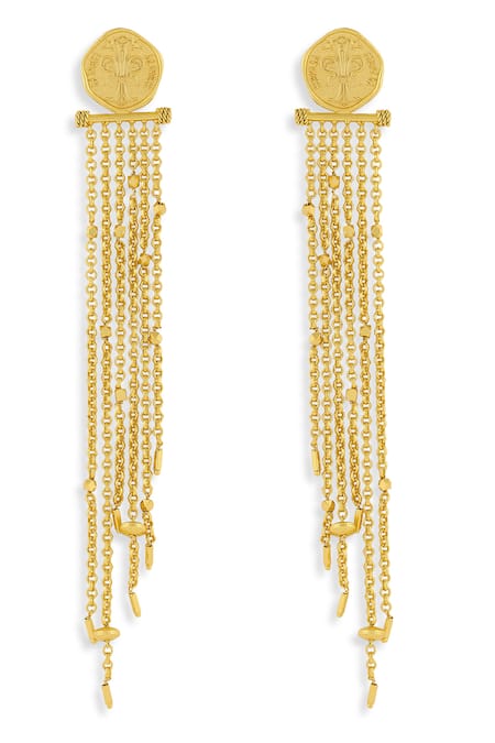 Shop Mnsh Gold Plated Chains Shakti Shoulder Duster Earrings at Aza Fashions Shop_Mnsh_Gold Plated Chains Shakti Shoulder Duster Earrings _at_Aza_Fashions