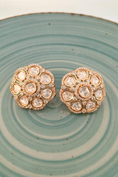 Shop The Bling Girll Gold Plated Crystals, Stones Designer Stud Earrings at Aza Fashions Shop_The Bling Girll_Gold Plated Crystals, Stones Designer Stud Earrings_at_Aza_Fashions