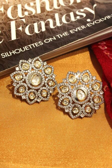 Shop_The Bling Girll_White Crystals Designer Stud Earrings_at_Aza_Fashions