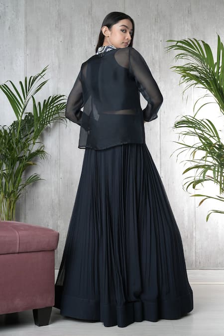 Vara By Vibha N Priti Navy Blue Hand Embroidered Jacket Set 