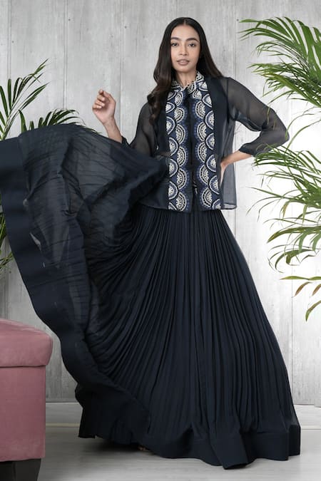 Vara By Vibha N Priti_Navy Chiffon, Organza Embroidery Round , High Blue Hand Jacket Set _Online_at_Aza_Fashions