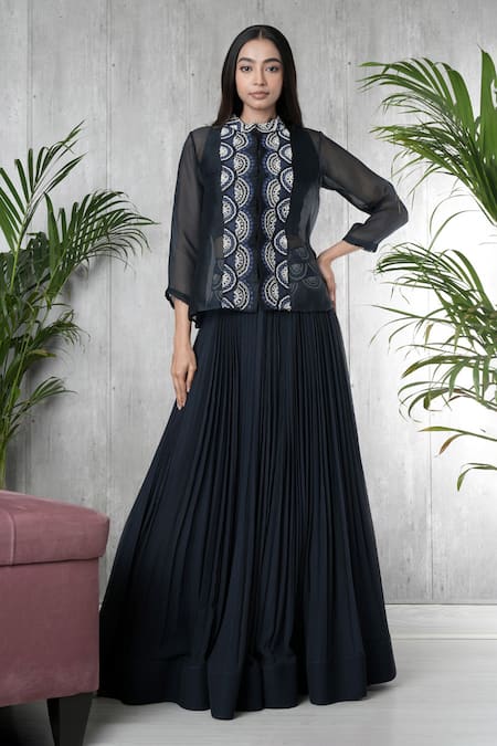 Vara by Vibha n Priti Navy Blue Hand Embroidered Jacket Set 