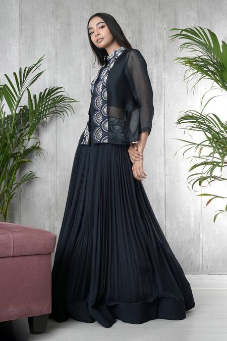 Buy_Vara By Vibha N Priti_Navy Chiffon, Organza Embroidery Round , High Blue Hand Jacket Set _Online_at_Aza_Fashions