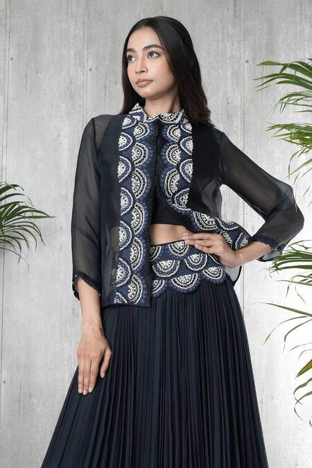 Shop_Vara By Vibha N Priti_Navy Chiffon, Organza Embroidery Round , High Blue Hand Jacket Set _Online_at_Aza_Fashions