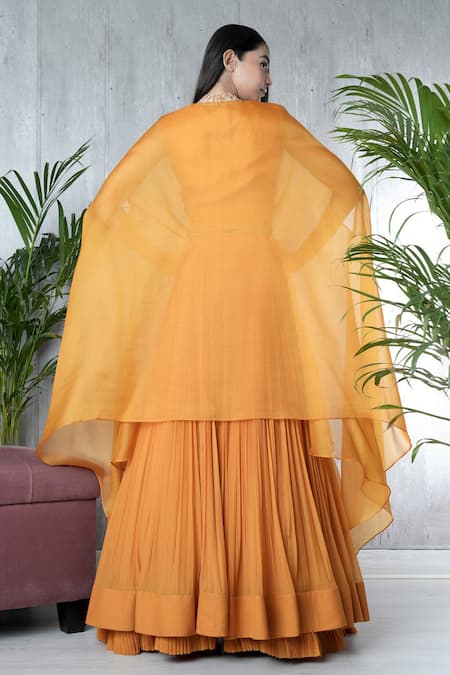 Vara By Vibha N Priti Mustard Hand Embroidered Jacket Lehenga Set 