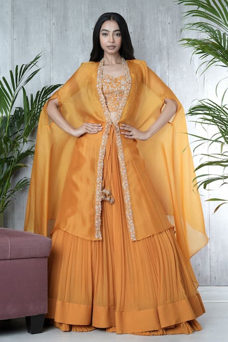 Vara by Vibha n Priti Mustard Hand Embroidered Jacket Lehenga Set 