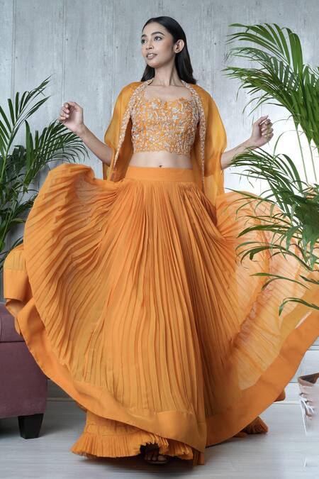 Shop_Vara By Vibha N Priti_Mustard Chiffon, Organza Tassels, Embroidery Round Hand Jacket Lehenga Set 