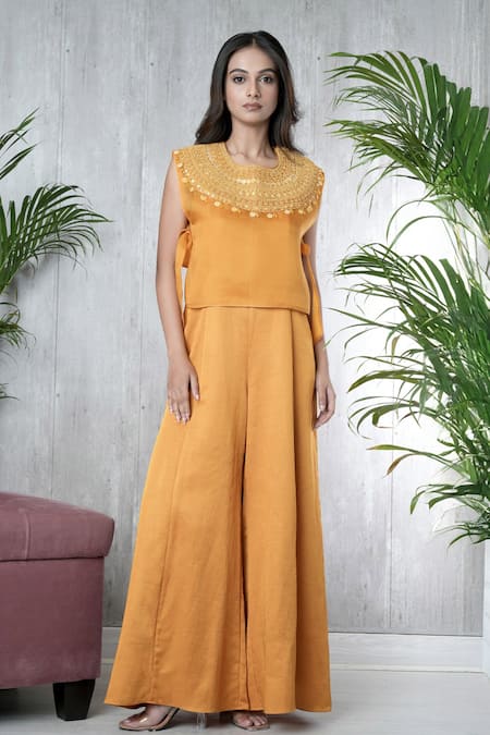 Vara By Vibha N Priti_Mustard Linen, Satin, Organza Embroidery Round Neck Hand Jumpsuit And Cape _Online_at_Aza_Fashions