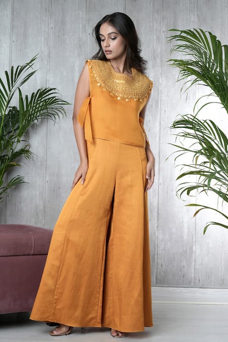 Vara by Vibha n Priti Mustard Hand Embroidered Jumpsuit & Cape 