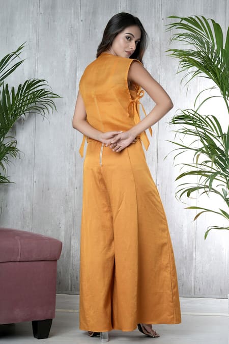 Vara By Vibha N Priti Mustard Hand Embroidered Jumpsuit & Cape 