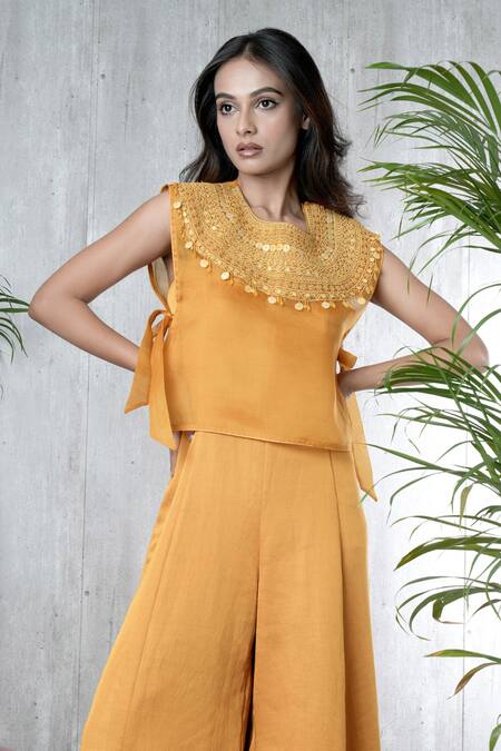 Buy_Vara By Vibha N Priti_Mustard Linen, Satin, Organza Embroidery Round Neck Hand Jumpsuit And Cape _Online_at_Aza_Fashions