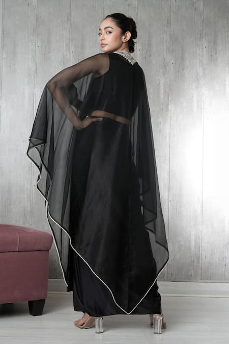 Vara By Vibha N Priti Black Satin Modal Embroidered Cape Set 