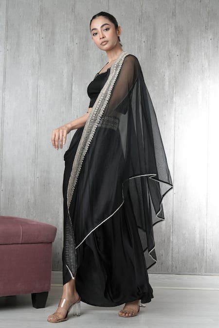 Vara By Vibha N Priti_Black Satin, Organza, Modal Embroidery Round Neck Cape Set _Online_at_Aza_Fashions
