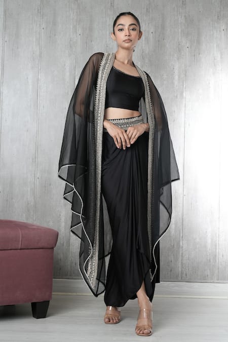 Vara by Vibha n Priti Black Satin Modal Embroidered Cape Set 