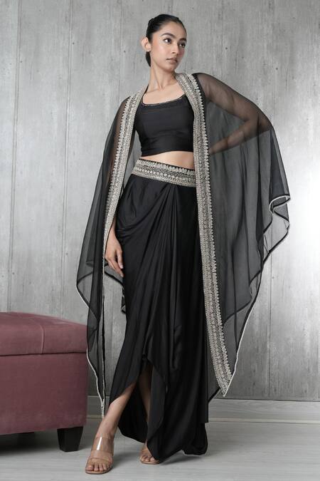 Buy_Vara By Vibha N Priti_Black Satin, Organza, Modal Embroidery Round Neck Cape Set _Online_at_Aza_Fashions