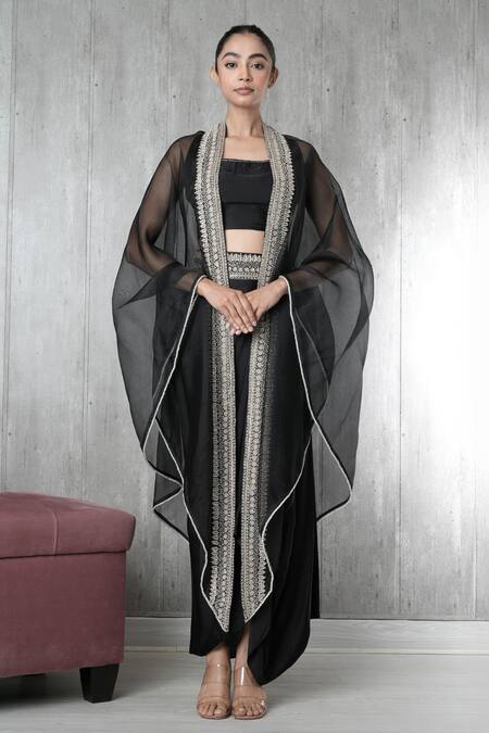 Shop_Vara By Vibha N Priti_Black Satin, Organza, Modal Embroidery Round Neck Cape Set _Online_at_Aza_Fashions