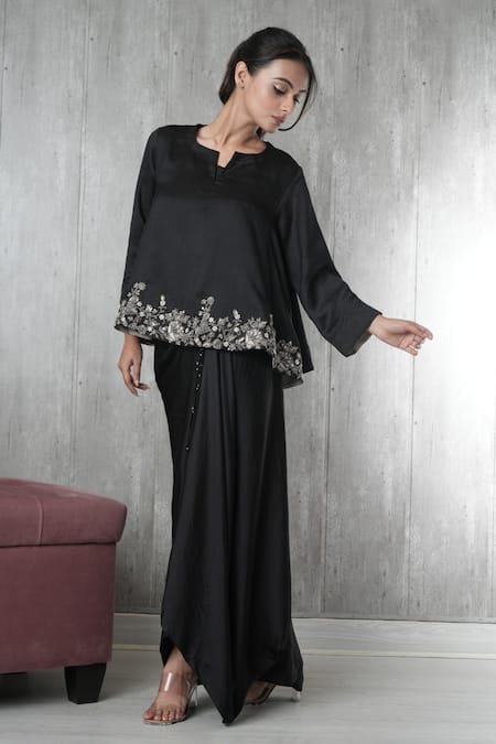 Buy_Vara By Vibha N Priti_Black Organza, Satin, Modal Embroidery Round Neck Hand Tunic And Skirt Set _Online_at_Aza_Fashions