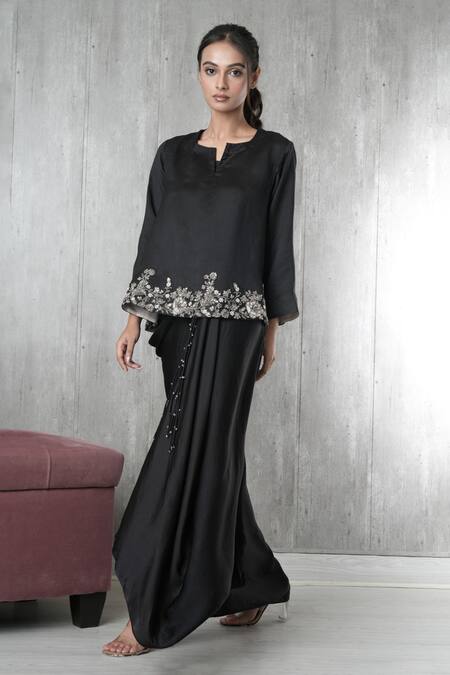 Shop_Vara By Vibha N Priti_Black Organza, Satin, Modal Embroidery Round Neck Hand Tunic And Skirt Set _Online_at_Aza_Fashions