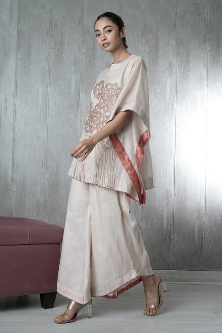 Vara By Vibha N Priti_Beige Tissue Embroidery Round Neck Hand Kaftan And Pant Set _Online_at_Aza_Fashions