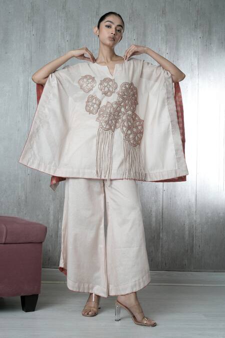 Buy_Vara By Vibha N Priti_Beige Tissue Embroidery Round Neck Hand Kaftan And Pant Set _Online_at_Aza_Fashions