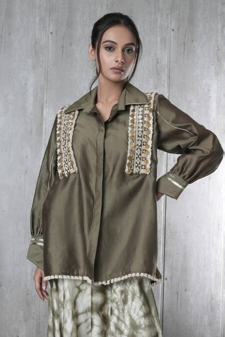 Buy_Vara By Vibha N Priti_Green Chanderi, Satin, Modal Beads Collared Hand Embroidered Set _Online_at_Aza_Fashions