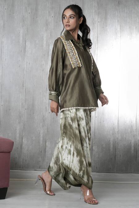 Shop_Vara By Vibha N Priti_Green Chanderi, Satin, Modal Beads Collared Hand Embroidered Set _Online_at_Aza_Fashions