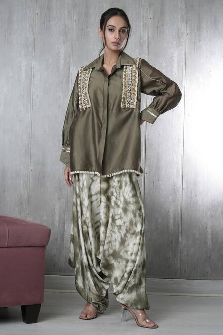 Vara By Vibha N Priti_Green Chanderi, Satin, Modal Beads Collared Hand Embroidered Set _at_Aza_Fashions