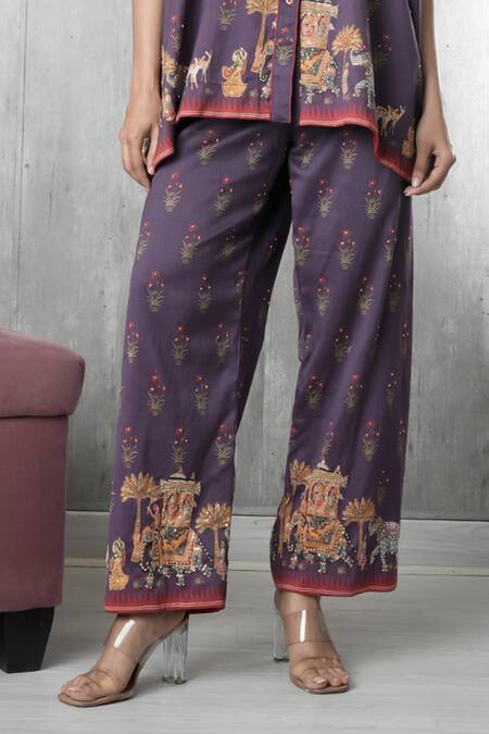 Vara By Vibha N Priti_Purple Silk, Chanderi Embroidery Collared Hand Tunic And Pant Set _Online_at_Aza_Fashions