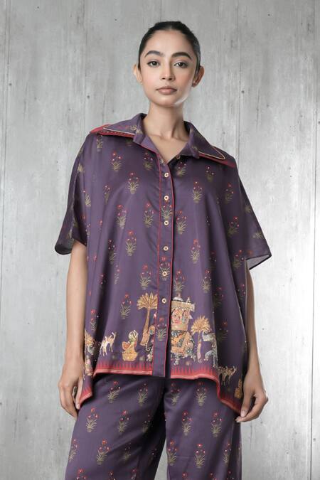 Buy_Vara By Vibha N Priti_Purple Silk, Chanderi Embroidery Collared Hand Tunic And Pant Set _Online_at_Aza_Fashions