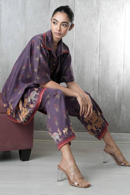 Shop_Vara By Vibha N Priti_Purple Silk, Chanderi Embroidery Collared Hand Tunic And Pant Set _Online_at_Aza_Fashions