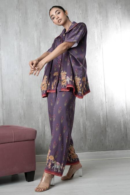 Vara By Vibha N Priti_Purple Silk, Chanderi Embroidery Collared Hand Tunic And Pant Set _at_Aza_Fashions