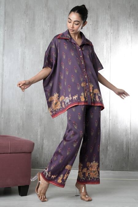 Buy_Vara By Vibha N Priti_Purple Silk, Chanderi Embroidery Collared Hand Tunic And Pant Set 