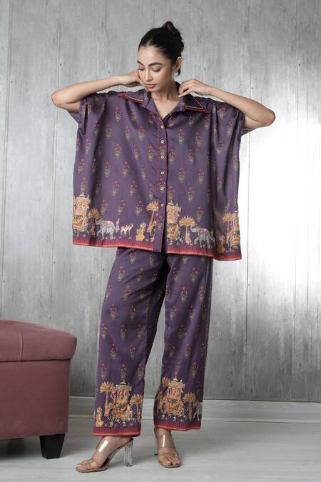 Shop_Vara By Vibha N Priti_Purple Silk, Chanderi Embroidery Collared Hand Tunic And Pant Set 