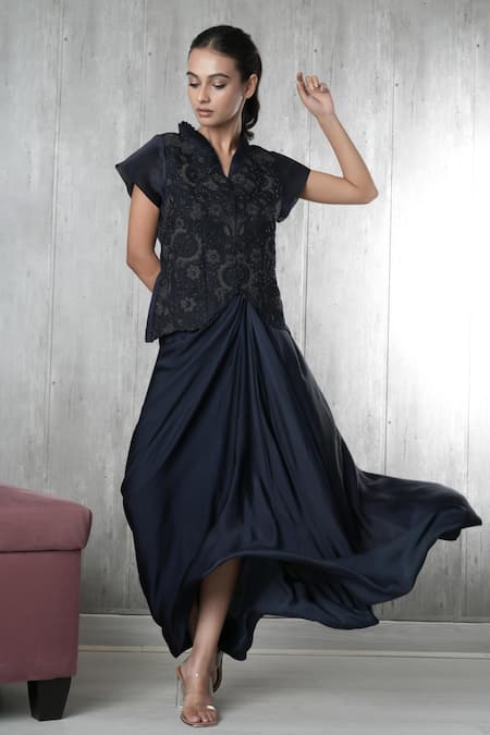 Vara by Vibha n Priti Navy Blue Hand Embroidered Waist Coat & Skirt 