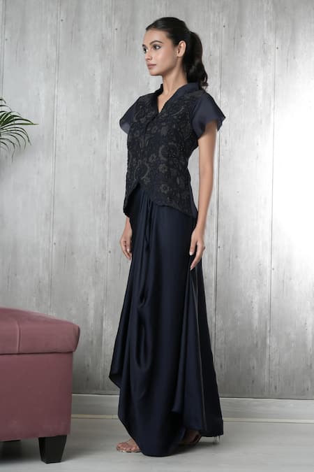 Vara By Vibha N Priti_Navy Organza, Satin, Modal Embroidery V-neck Blue Hand Waist Coat And Skirt _Online_at_Aza_Fashions