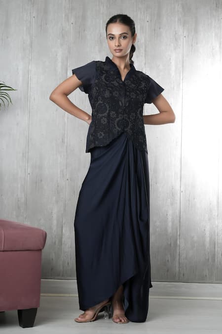 Buy_Vara By Vibha N Priti_Navy Organza, Satin, Modal Embroidery V-neck Blue Hand Waist Coat And Skirt _Online_at_Aza_Fashions