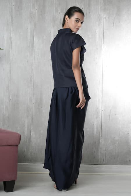 Vara By Vibha N Priti Navy Blue Hand Embroidered Waist Coat & Skirt 