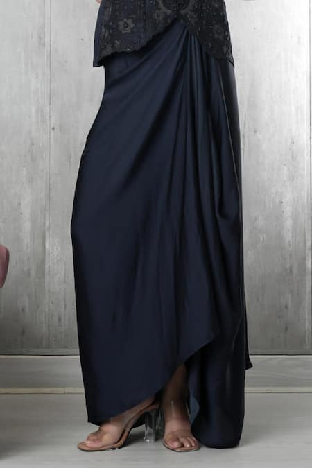 Shop Vara By Vibha N Priti Navy Organza, Satin, Modal Embroidery V-neck Blue Hand Waist Coat And Skirt Online at Aza Fashions Shop_Vara By Vibha N Priti_Navy Organza, Satin, Modal Embroidery V-neck Blue Hand Waist Coat And Skirt _Online_at_Aza_Fashions