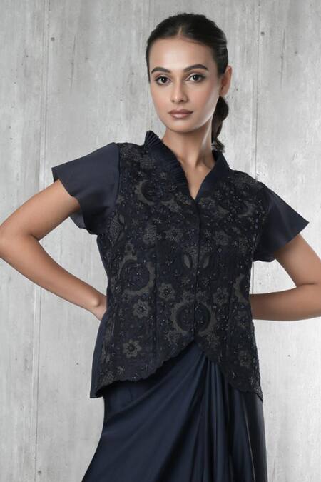 Vara By Vibha N Priti Navy Organza, Satin, Modal Embroidery V-neck Blue Hand Waist Coat And Skirt at Aza Fashions Vara By Vibha N Priti_Navy Organza, Satin, Modal Embroidery V-neck Blue Hand Waist Coat And Skirt _at_Aza_Fashions