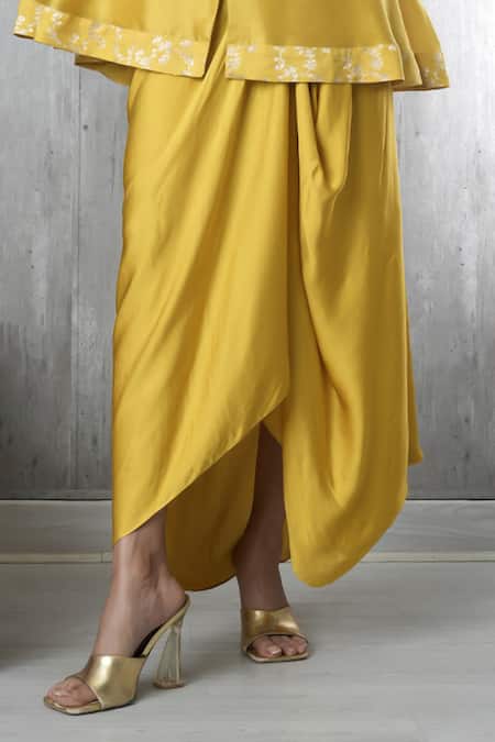 Vara By Vibha N Priti Mustard Chanderi, Satin, Modal Embroidery Round Neck Hand Tunic And Skirt Set Online at Aza Fashions Vara By Vibha N Priti_Mustard Chanderi, Satin, Modal Embroidery Round Neck Hand Tunic And Skirt Set _Online_at_Aza_Fashions