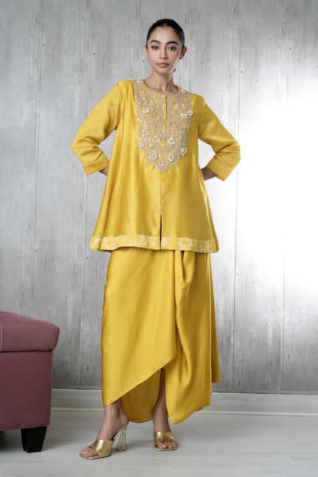 Vara by Vibha n Priti Mustard Hand Embroidered Tunic & Skirt Set 