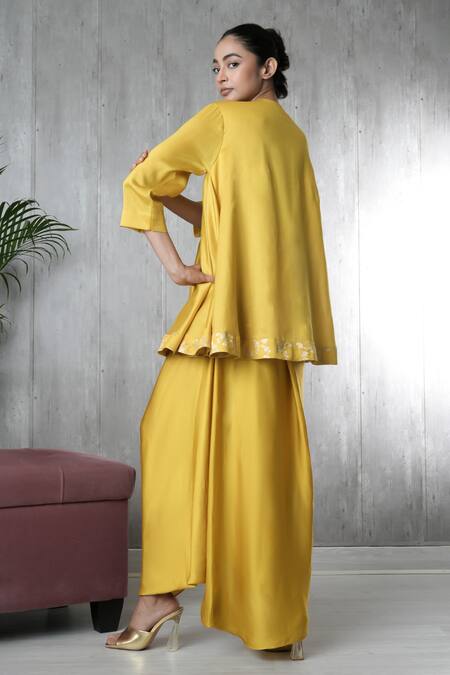 Vara By Vibha N Priti Mustard Hand Embroidered Tunic & Skirt Set 