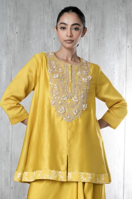 Buy Vara By Vibha N Priti Mustard Chanderi, Satin, Modal Embroidery Round Neck Hand Tunic And Skirt Set Online at Aza Fashions Buy_Vara By Vibha N Priti_Mustard Chanderi, Satin, Modal Embroidery Round Neck Hand Tunic And Skirt Set _Online_at_Aza_Fashions